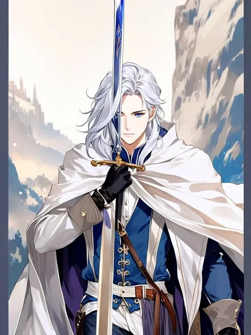 Prompt: Fantasy anime art featuring a handsome man brandishing a sword. He is in his early twenties with fair skin and long lustrous silver hair. His long loose hair is windswept. He is clean-shaven and beardless. His eyes are pale purple in color. The lighting should be cool-toned and cinematic. The man is elegant, dignified and pensive. He is wearing a blue travelling cloak. He is lean, fit and has perfect body proportions. The art should be HDR and highly detailed, similar to art trending on Artstation. 