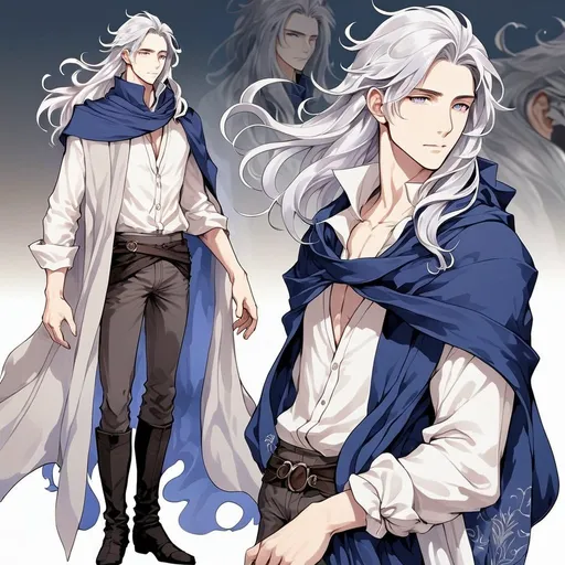 Prompt: Fantasy anime art featuring a handsome man in his early twenties with fair skin and long lustrous silver hair. His long loose hair is windswept. He is clean-shaven and beardless. His eyes are pale purple in color. The lighting should be cool-toned and cinematic. The man is elegant, dignified and pensive. He is wearing a blue travelling cloak. He is lean, fit and has perfect body proportions. The art should be HDR and highly detailed, similar to art trending on Artstation. 