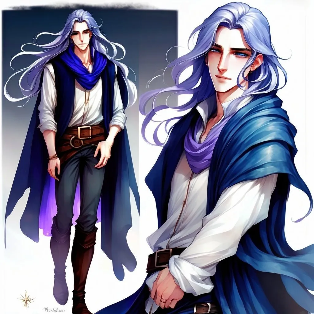 Prompt: Fantasy art featuring a handsome man in his early twenties with fair skin and long lustrous dark blue hair. His long loose blue hair is windswept. He is clean-shaven and beardless. The irises of his eyes are pale purple in color. The lighting should be cool-toned and cinematic. The man is elegant, dignified and pensive. He is wearing a blue travelling cloak. He is lean, fit and has perfect body proportions. The art should be HDR and highly detailed, similar to art trending on Artstation. 