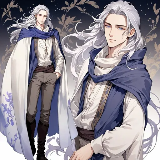 Prompt: Fantasy art featuring a handsome man in his early twenties with fair skin and long lustrous silver hair. His long loose hair is windswept. He is clean-shaven and beardless. The irises of his eyes are pale purple in color. The lighting should be cool-toned and cinematic. The man is elegant, dignified and pensive. He is wearing a blue travelling cloak. He is lean, fit and has perfect body proportions. The art should be HDR and highly detailed, similar to art trending on Artstation. 