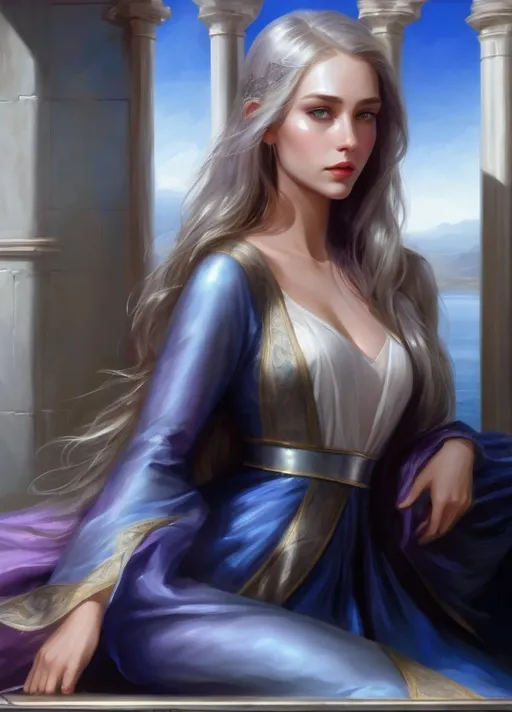 Prompt: Fantasy art featuring a beautiful lady with fair skin and long lustrous silver side-parting hair. Her long loose hair is windswept. The irises of her eyes are pale purple in color. The lighting should be warm tone and cinematic. The lady is elegant, sensual and pensive. She is dressed in the fashion of medieval nobility and wears a blue silk dress. She has an hourglass figure and perfect body proportions. She has a natural complexion and does not wear makeup. The art should be of the best quality and similar to art trending on artstation. 