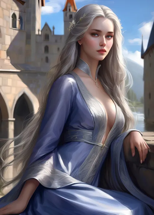 Prompt: Generate fantasy art featuring a beautiful lady with fair skin and long lustrous silver side-parting hair. Her long loose hair is windswept. The irises of her eyes are pale purple in color. The lighting should be warm tone and cinematic. The lady is elegant, sensual and pensive. She is dressed in the fashion of medieval nobility and wears a blue silk dress. She has an hourglass figure and perfect body proportions. She has a natural complexion and does not wear makeup. The art should be of the best quality and similar to art trending on artstation. 