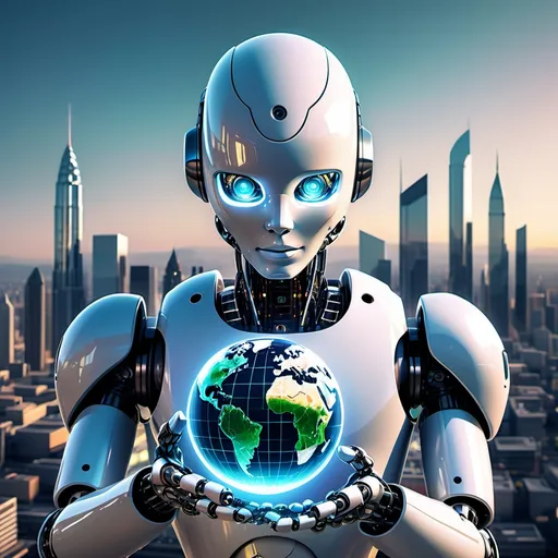 Prompt: "Futuristic humanoid robot with glowing eyes, holding a holographic globe, city skyline in the background. With digital circuits weaving through the air and 'Beyond Algorithms' in bold letters should be written as it a movie poster"