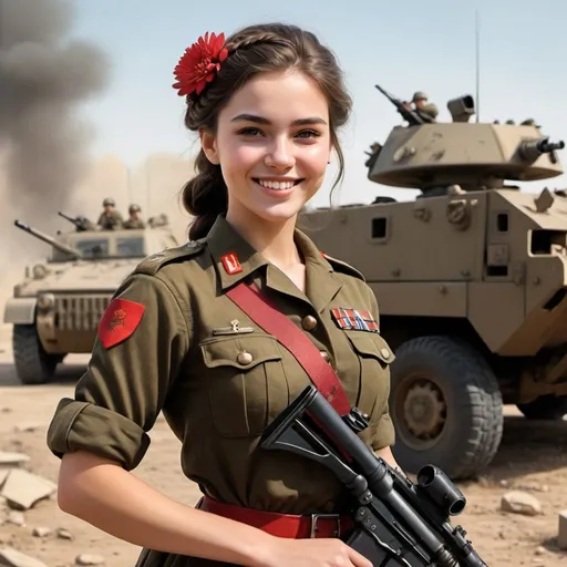Prompt: Create an illustration of a young woman, approximately 20 years old, with a bright smile on her face. She has long dark brown hair tied back in a loose braid. Her eyes are full of warmth and enthusiasm, colored in a warm shade of brown. Despite being in wartime, she is wearing a tidy military uniform, adorned with feminine touches like flower embellishments on her belt. She wears a red sash over her shoulder as an identifier. While she holds a machine gun in a ready stance, there is a sense of cheerfulness and hope emanating from her facial expression. The background depicts a busy battlefield scene, with combat vehicles and other soldiers in action behind her, but the focus remains on the cheerful presence of this character amidst the chaos of war.