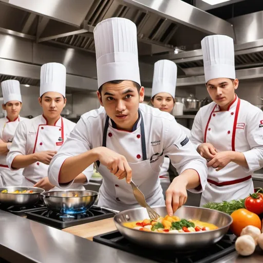 Prompt: Young chefs cooking contest, vibrant kitchen atmosphere, intense competition, high quality, realistic, energetic, dynamic poses, colorful ingredients, professional culinary setting, bright lighting, detailed facial expressions, modern kitchen equipment, bustling kitchen environment