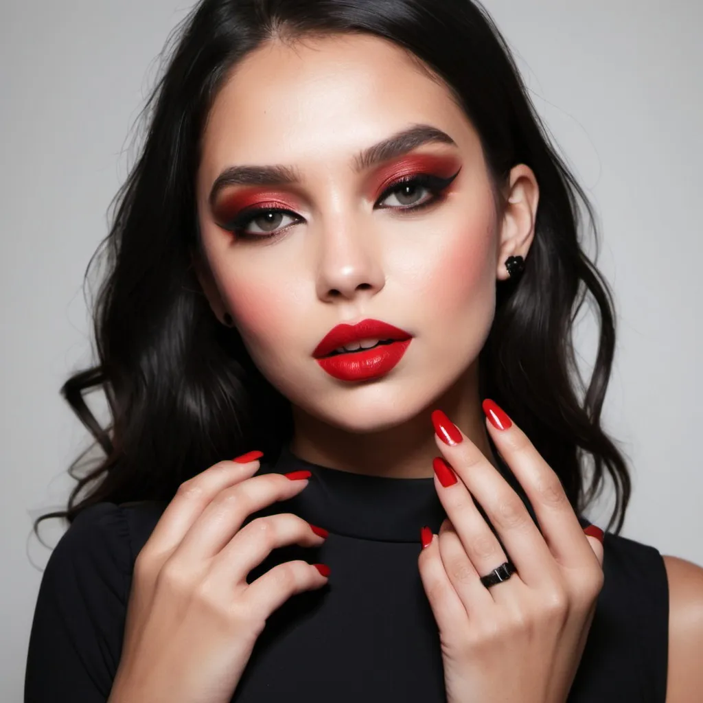 Prompt: Red lipstick and black dress and red nail polish 