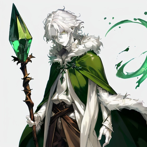 Prompt: A Changeling druid man. He has very pale almost grey skin, white messy hair and white eyes. He wears a green cloak with a fur collar over a simple brown leather outfit. he holds a wooden staff with a crystal on top.