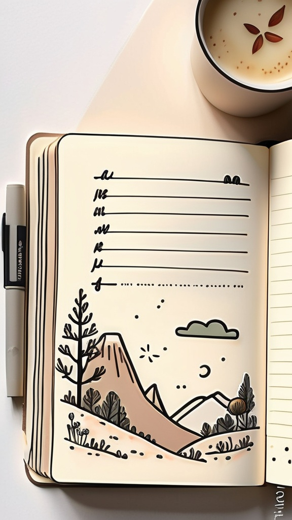 Prompt: (cute journal), daily entries, joyful moments, warm colors, , soft textures, whimsical illustrations, high-quality, super-detailed pages, inviting layout, lightly decorated margins, personal handwritten notes, delightful doodles, elements of positivity, serene background, inviting ambiance, intimate and comforting. ( light netural colors) a lil bit minimalistic 