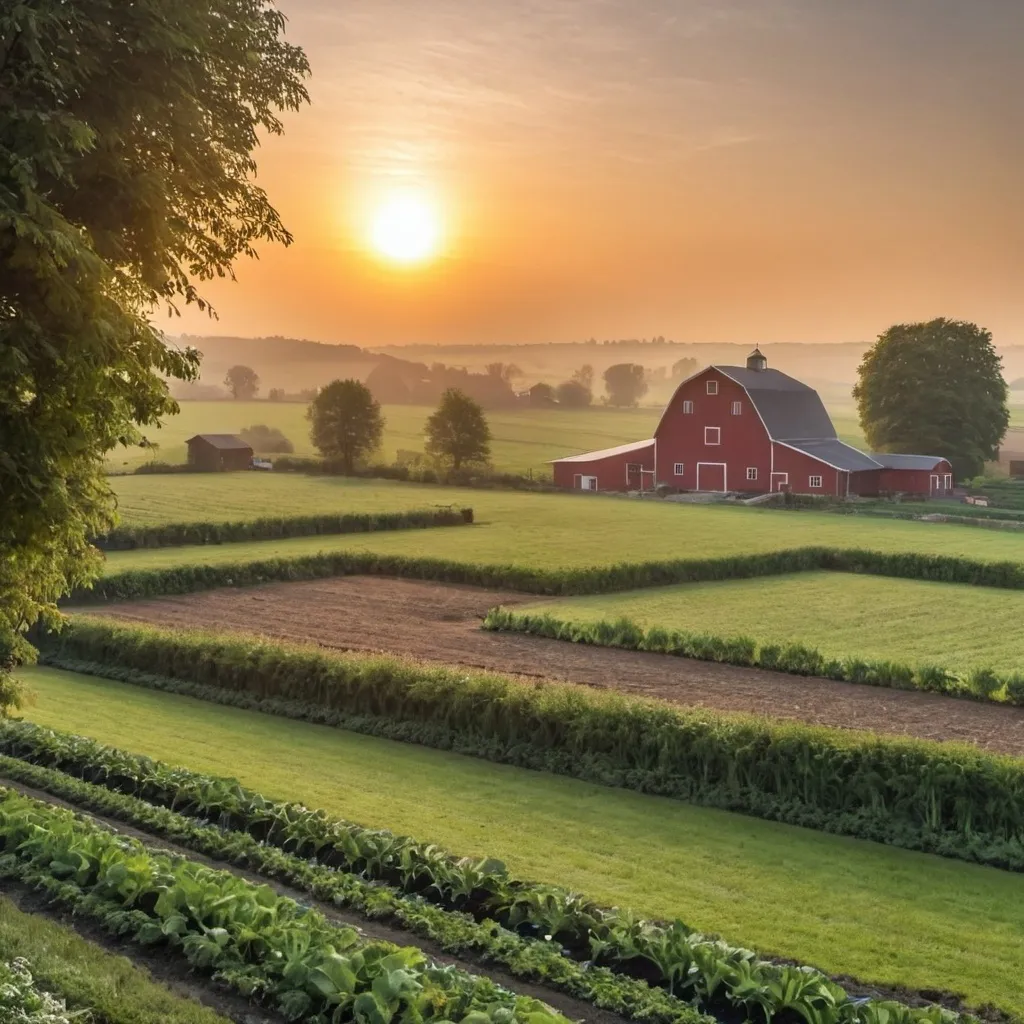 Prompt: sunrise on the farm, with sun, barn, garden, view from near to far in many layers