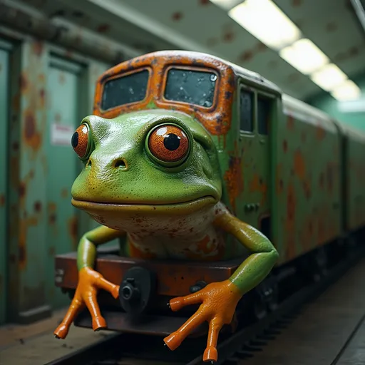 Prompt: A train with human skin and frog eyes.