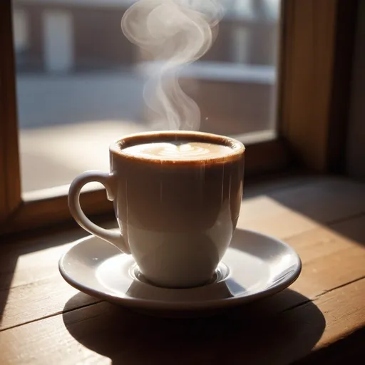 Prompt: A steaming cup of Nescaf� placed on a wooden table by a window, with the morning sunlight streaming in. The coffee cup should be inviting and perfectly brewed, with rich, dark coffee and a frothy top.