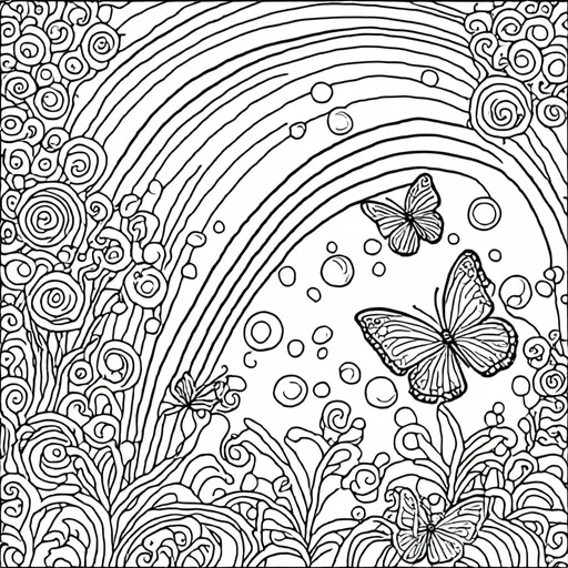 Prompt: Bubbles and butterflies rainbow simple black and white coloring book art, in the style of <mymodel>