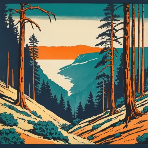 Prompt: Vintage National Park woodblock print of California in landscape view with colors teal, navy orange and creame