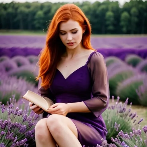 Prompt: a beautiful redhead woman with brown eyes.Purple dress with sleeves. In a lavender field. And she read a book .Lavender, evening light, butterflies