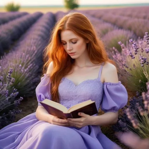 Prompt: a beautiful redhead woman with brown eyes.long Purple dress with sleeves. In a lavender field. And she read a book .Lavender, evening light, butterflies