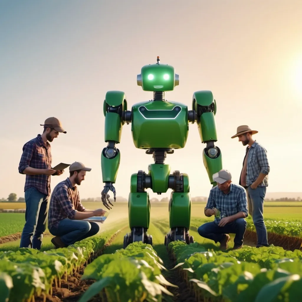 Prompt: generate a group of farmers designing a robot to water their fields