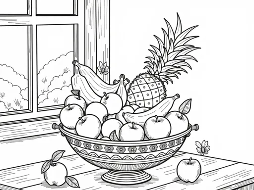 Prompt: B&W coloring book page, A bowl of fruit