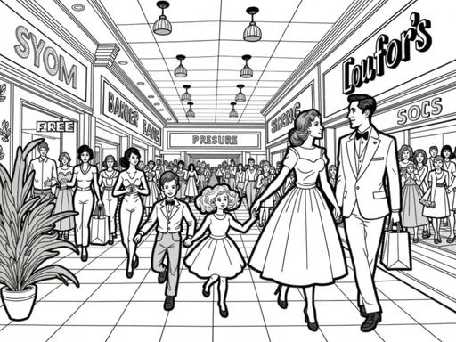 Prompt: B&W coloring book page, people shopping at a mall in the 1950's