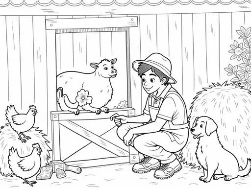 Prompt: B&W coloring book page, a farmer helping animals in a barn