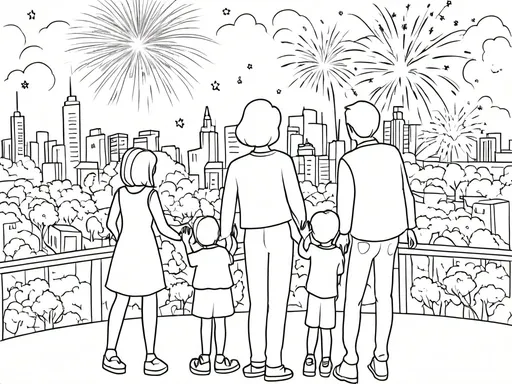 Prompt: a family watching fireworks in the city