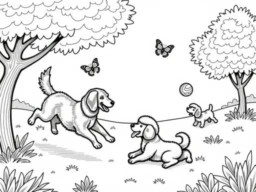 Prompt: B&W coloring book page, dog's playing together
