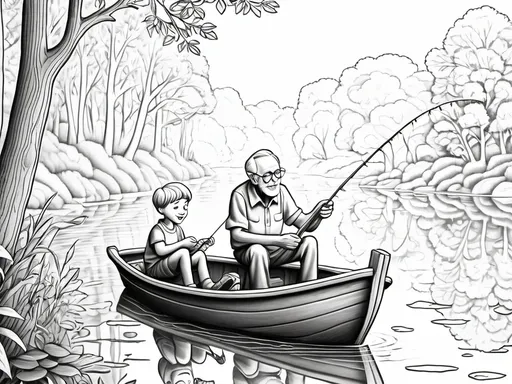 Prompt: B&W coloring book page, grandpa and grandson fishing in a boat 