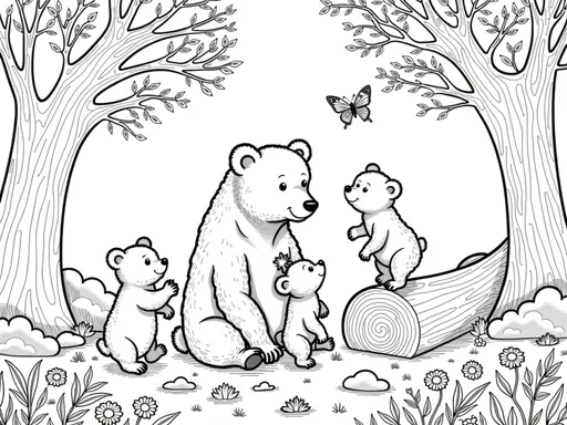 Prompt: B&W coloring book page, a family of bears in the woods