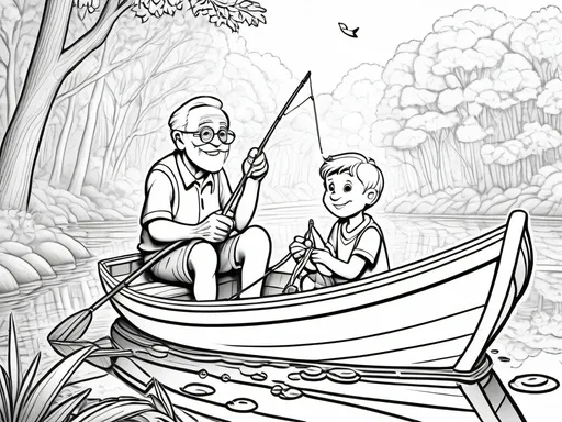 Prompt: B&W coloring book page, grandpa and grandson fishing in a boat 