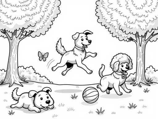 Prompt: B&W coloring book page, dog's playing together