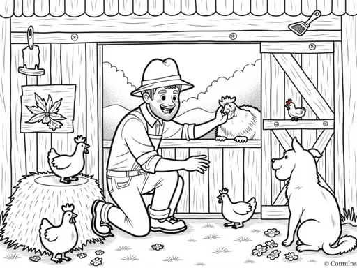 Prompt: B&W coloring book page, a farmer helping animals in a barn