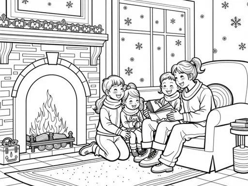 Prompt: B&W coloring book page, a family reading a story around a fireplace while it snows outside