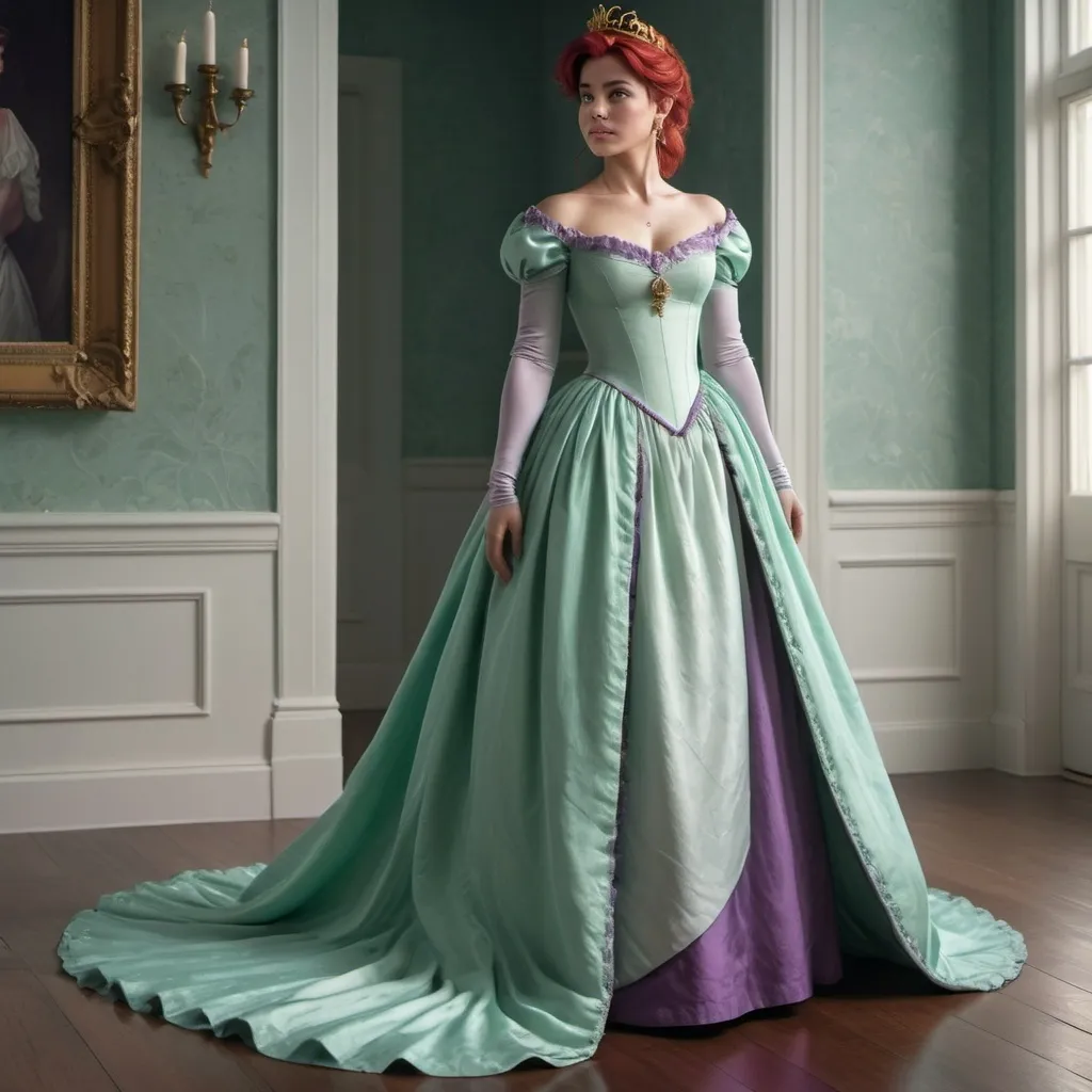 Prompt: Hyper realistic image of Ariel, as a queen wearing a Bridgerton inspired,  Regency style, floor-lenght dress in her iconic seafoam-green and purple. The dress should be elegant and regal.