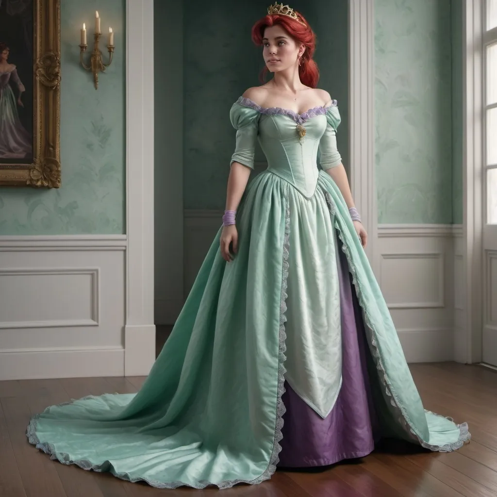 Prompt: Hyper realistic image of Ariel, as a queen wearing a Bridgerton inspired,  Regency style, floor-lenght dress in her iconic seafoam-green and purple. The dress should be elegant and regal.