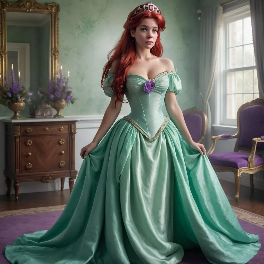 Prompt: Hyper realistic image of Ariel, as a queen wearing a Regency style, floor-lenght dress in her iconic seafoam-green and purple. The dress should be elegant and regal.