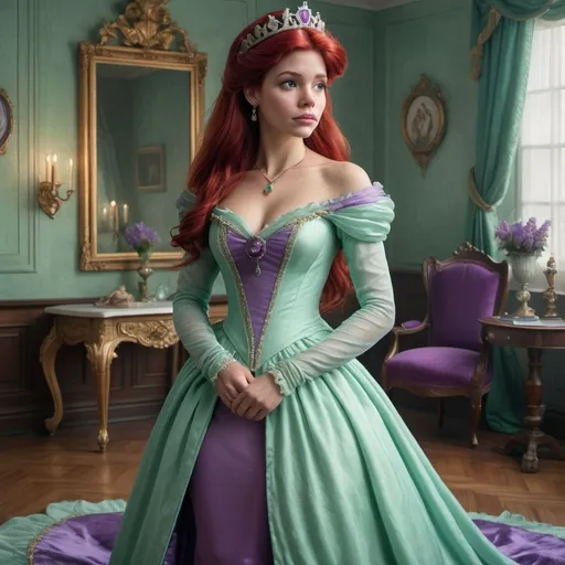 Prompt: Hyper realistic image of Ariel, as a queen wearing a Regency style, floor-lenght dress in her iconic seafoam-green and purple. The dress should be elegant and regal.