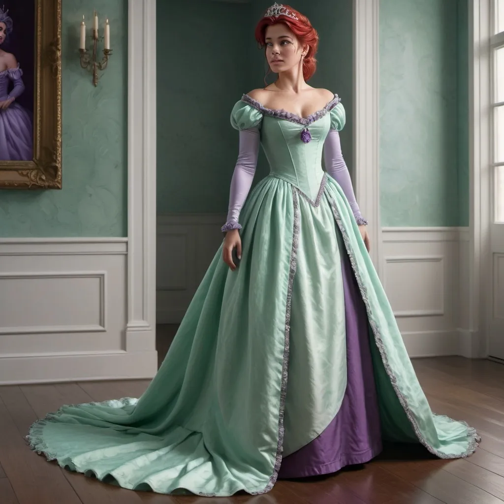 Prompt: Hyper realistic image of Ariel, as a queen wearing a Bridgerton inspired,  Regency style, floor-lenght dress in her iconic seafoam-green and purple. The dress should be elegant and regal.