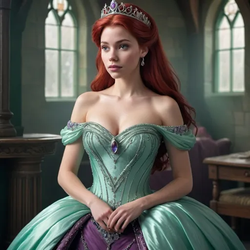 Prompt: Hyper realistic image of Ariel, as a queen wearing a medieval style, floor-lenght ball gown in her iconic seafoam-green and purple. The dress should be elegant and regal with beading design.