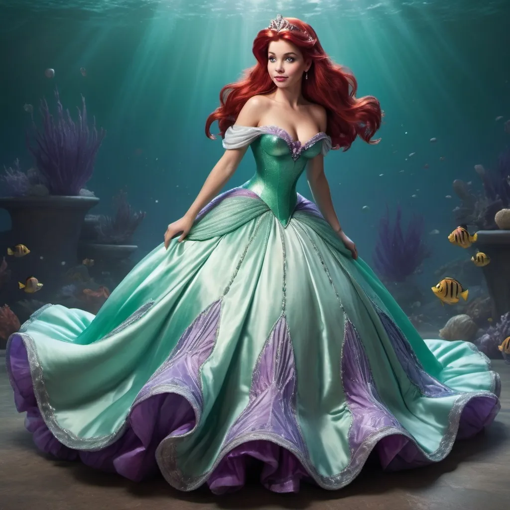 Prompt: Hyper realistic image of Ariel, as a queen wearing a, floor-lenght ball gown in her iconic seafoam-green and purple. The dress should be elegant and regal with some lace design.