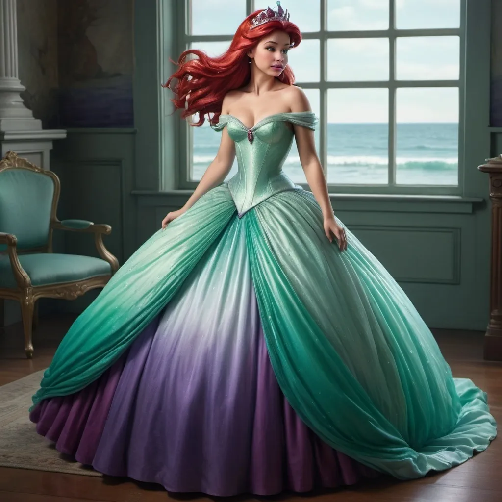 Prompt: Hyper realistic image of Ariel, as a queen wearing a , floor-lenght ball gown in her iconic seafoam-green and ombre purple. The dress should be elegant and regal with detailing on the skirt.