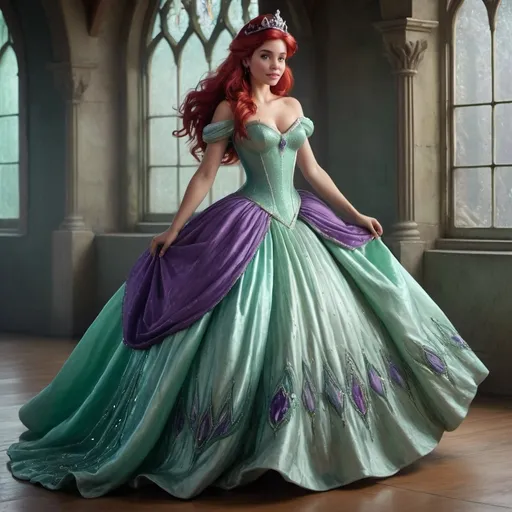 Prompt: Hyper realistic image of Ariel, as a queen wearing a medieval style, floor-lenght ball gown in her iconic seafoam-green and purple. The dress should be elegant and regal with beading design.