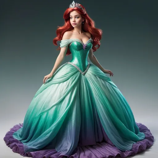 Prompt: Hyper realistic image of Ariel, as a queen wearing an ocean inspired floor-lenght ball gown in her iconic seafoam-green and ombre purple. The dress should be elegant and regal.