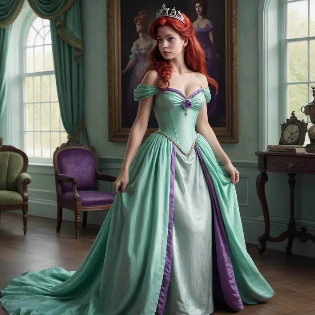 Prompt: Hyper realistic image of Ariel, as a queen wearing a Regency style, floor-lenght dress in her iconic seafoam-green and purple. The dress should be elegant and regal.