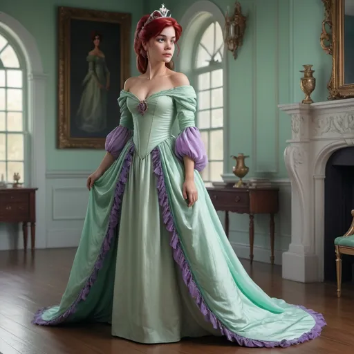 Prompt: Hyper realistic image of Ariel, as a queen wearing a Bridgerton inspired,  Regency style, floor-lenght dress in her iconic seafoam-green and purple. The dress should be elegant and regal.