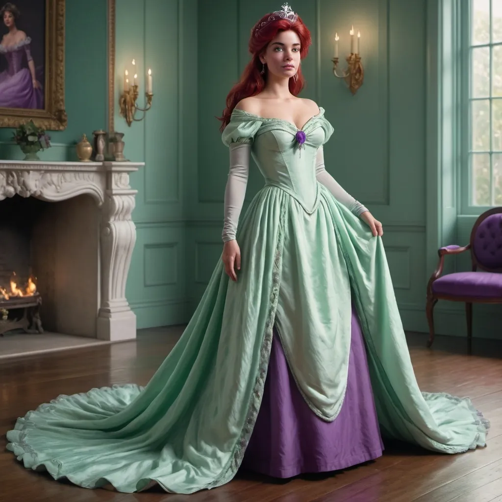 Prompt: Hyper realistic image of Ariel, as a queen wearing a Bridgerton inspired,  Regency style, floor-lenght dress in her iconic seafoam-green and purple. The dress should be elegant and regal.