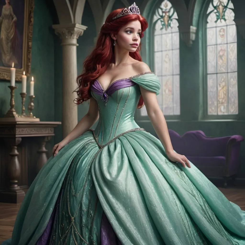 Prompt: Hyper realistic image of Ariel, as a queen wearing a medieval style, floor-lenght ball gown in her iconic seafoam-green and purple. The dress should be elegant and regal with wave design in beading