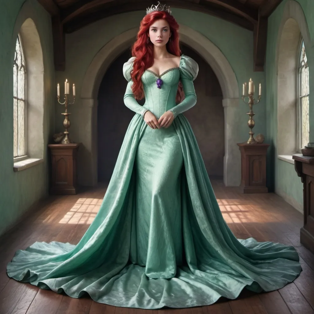 Prompt: Hyper realistic image of Ariel, as a queen wearing a medieval style, floor-lenght gown in her iconic seafoam-green and purple. The dress should be elegant and regal.