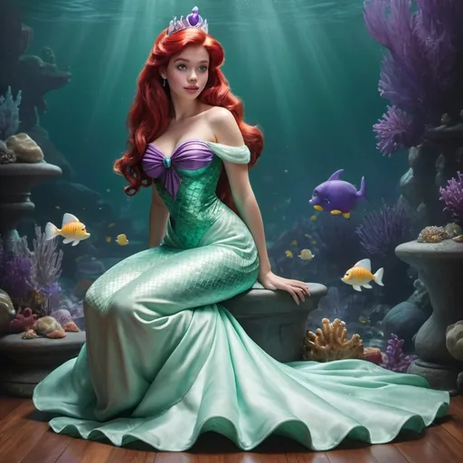 Prompt: Hyper realistic image of Ariel the little mermaid, as a queen wearing a floor-lenght dress in her iconic seafoam-green and purple. The dress should be elegant and regal.