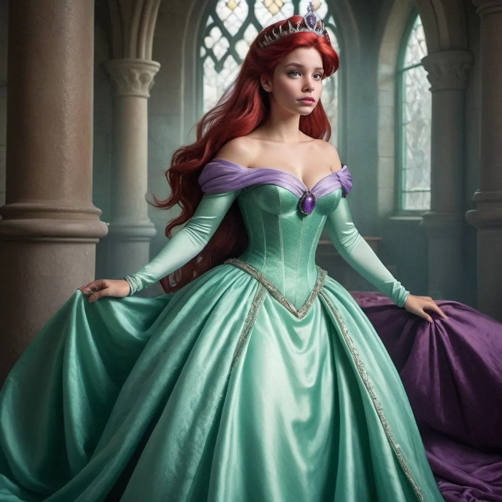 Prompt: Hyper realistic image of Ariel, as a queen wearing a medieval style, floor-lenght ball gown in her iconic seafoam-green and purple. The dress should be elegant and regal.