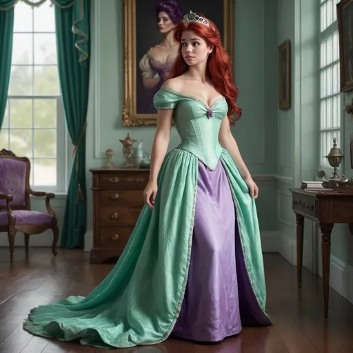 Prompt: Hyper realistic image of Ariel, as a queen wearing a Regency style, floor-lenght dress in her iconic seafoam-green and purple. The dress should be elegant and regal.