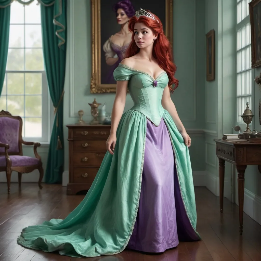 Prompt: Hyper realistic image of Ariel, as a queen wearing a Regency style, floor-lenght dress in her iconic seafoam-green and purple. The dress should be elegant and regal.